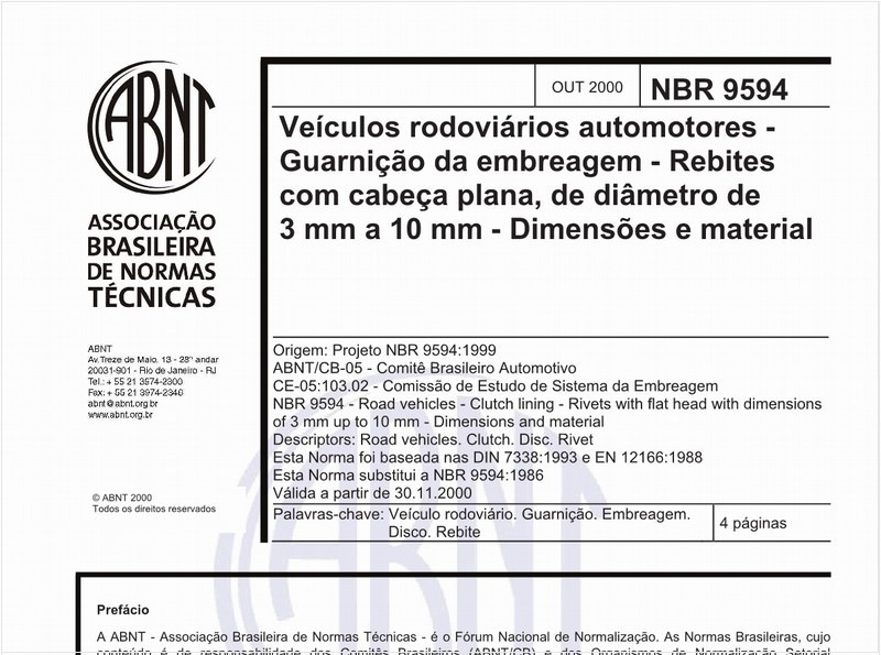 Veículos rodoviários automotores - Guarnição da embreagem - Rebites com cabeça plana, de diâmetro de 3 mm a 10 mm - Dimensões e material