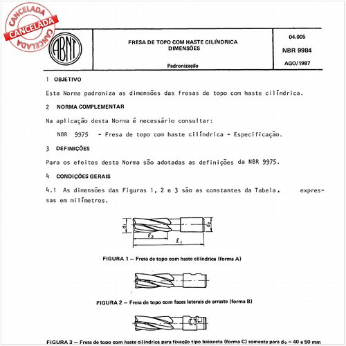 Fresa de topo com haste cilíndrica - Dimensões
