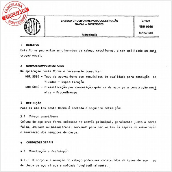 Cabeço cruciforme para construção naval - Dimensões