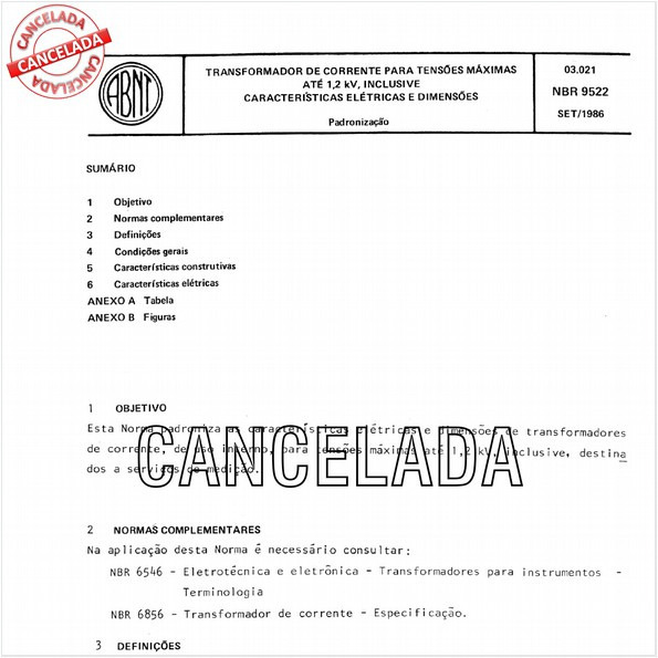 Transformador de corrente para tensões máximas até 1,2 kV inclusive - Caraterísticas elétricas e dimensões