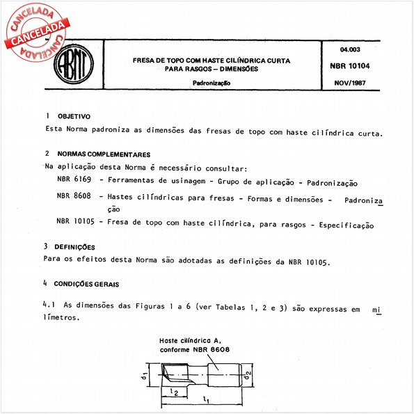 Fresa de topo com haste cilíndrica curta para rasgos - Dimensões
