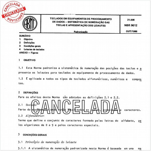 Teclados em equipamento de processamento de dados - Sistemática de numeração das teclas e apresentação dos leiautes