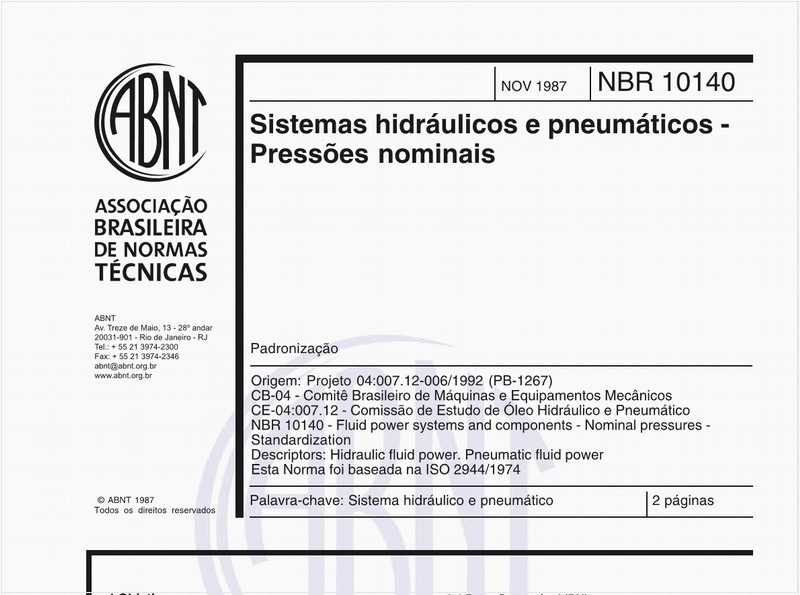 Sistemas hidráulicos e pneumáticos - Pressões nominais - Padronização