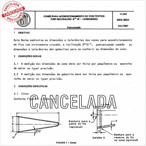 Cones para acondicionamento de fios têxteis com inclinação 9 graus 15' - Dimensões