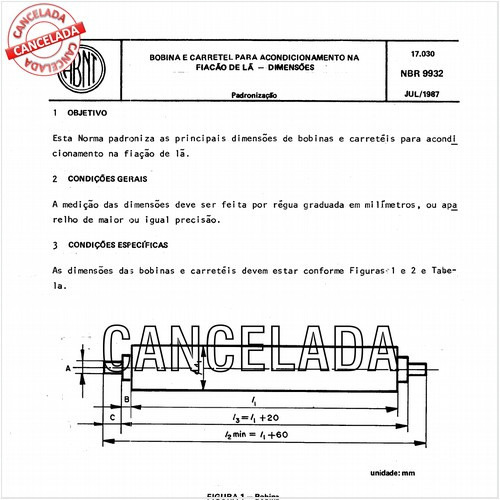 Bobina e carretel para acondicionamento na fiação de lã - Dimensões