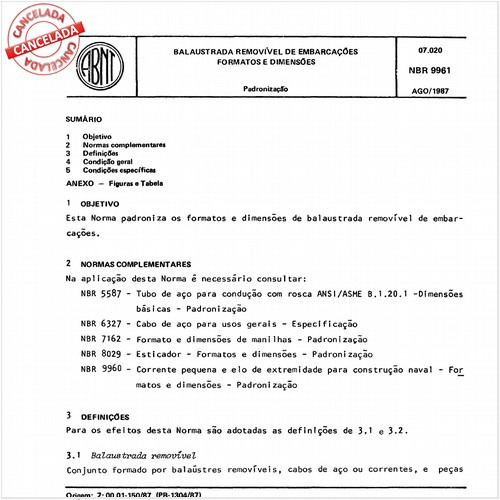 Balaustrada removível de embarcações - Formatos e dimensões