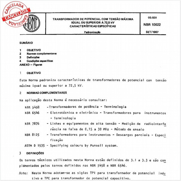 Transformador de potencial com tensão máxima igual ou superior a 72,5 kV - Características específicas