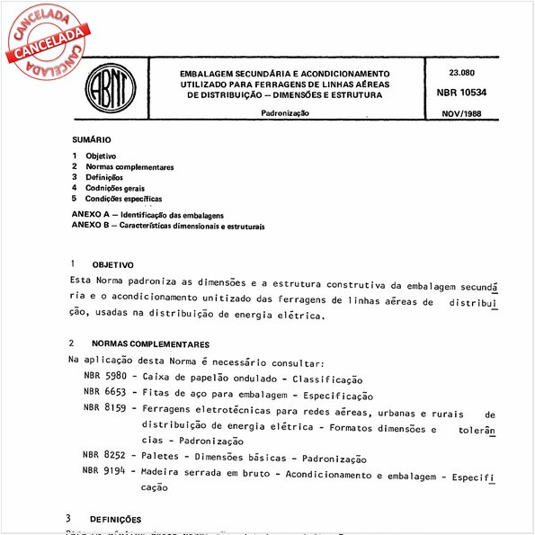 Embalagem secundária e acondicionamento utilizado para ferragens de linhas aéreas de distribuição - Dimensões e estrutura