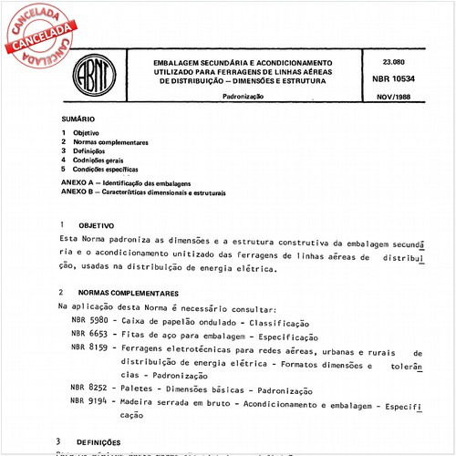 Embalagem secundária e acondicionamento utilizado para ferragens de linhas aéreas de distribuição - Dimensões e estrutura