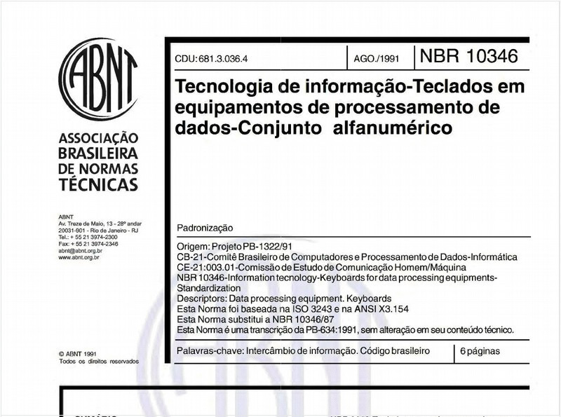 Tecnologia de informação - Teclados em equipamentos de processamento de dados - Conjunto alfanumérico - Padronização