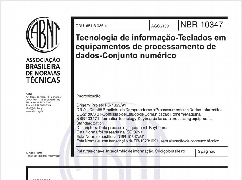 Tecnologia de informação - Teclados em equipamentos de processamento de dados - Conjunto numérico - Padronização