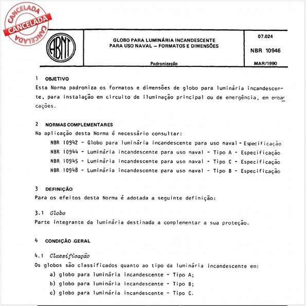 Globo para luminária incandescente para uso naval - Formatos e dimensões