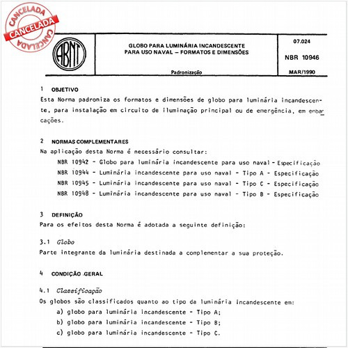 Globo para luminária incandescente para uso naval - Formatos e dimensões