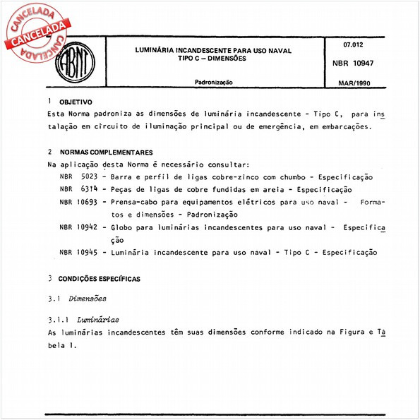 Luminária incandescente para uso naval - Tipo C - Dimensões
