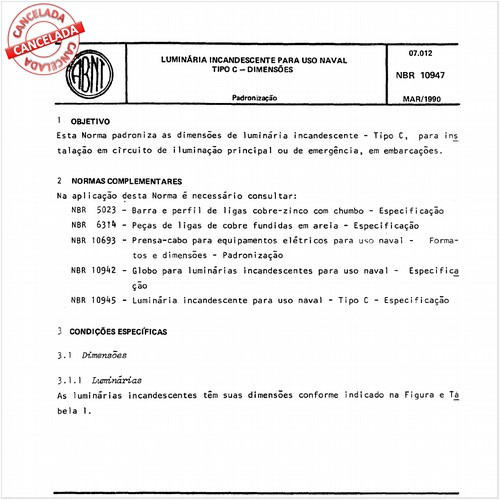 Luminária incandescente para uso naval - Tipo C - Dimensões