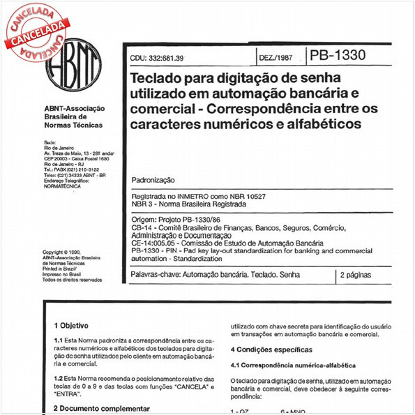 Teclado para digitação de senha utilizado na automação bancária e comercial - Correspondência entre os caracteres numéricos e alfabéticos