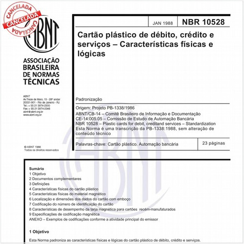 Cartão plástico de débito, crédito e serviços - Características físicas e lógicas