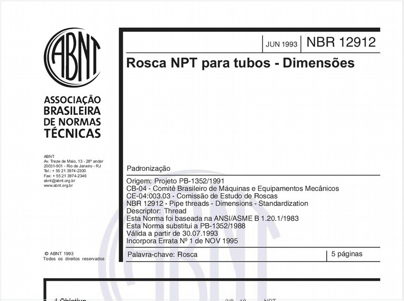 Rosca NPT para tubos - Dimensões - Padronização