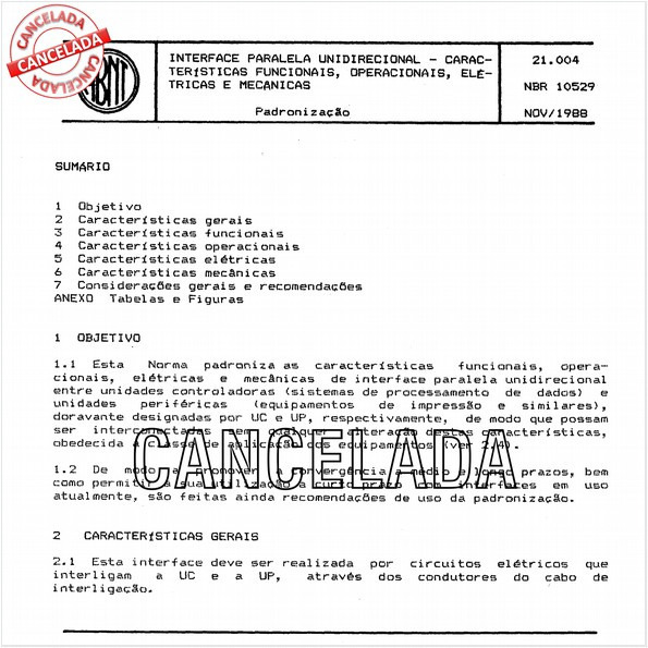 Interface paralela unidirecional - Características funcionais, operacionais, elétricas e mecânicas