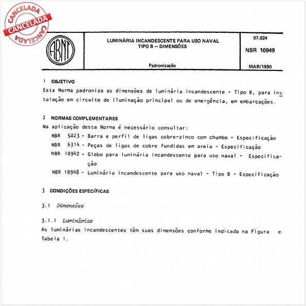 Luminária incandescente para uso naval - Tipo B - Dimensões