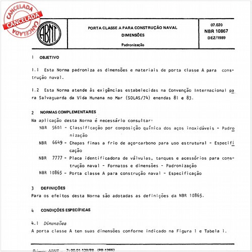 Porta classe A para construção naval - Dimensões