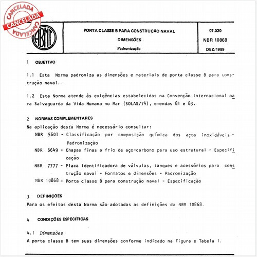 Porta classe B para construção naval - Dimensões