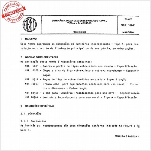 Luminária incandescente para uso naval - Tipo A - Dimensões
