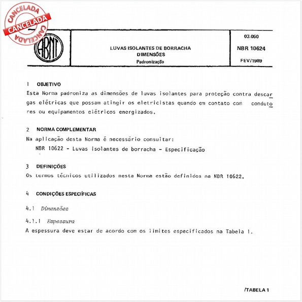 Luvas isolantes de borracha - Dimensões