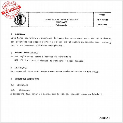 Luvas isolantes de borracha - Dimensões