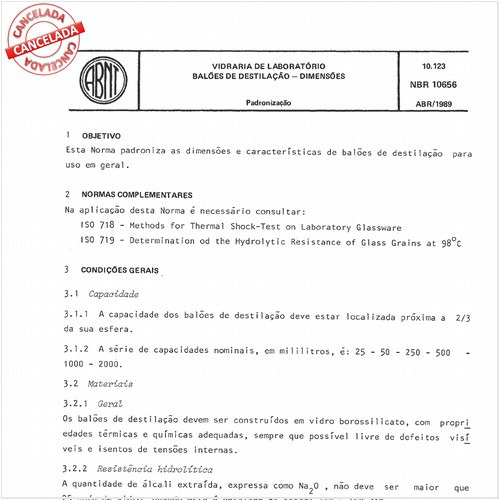 Vidraria de laboratório - Balões de destilação - Dimensões