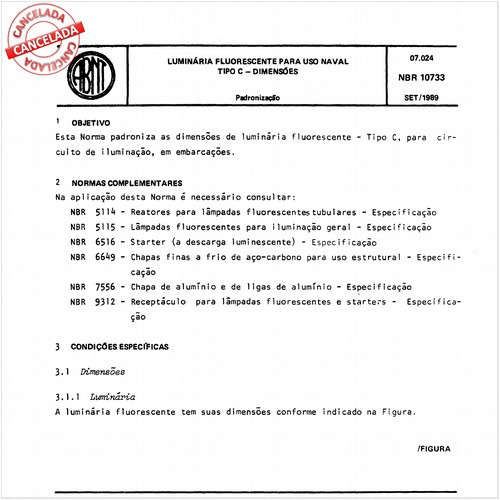 Luminária fluorescente para uso naval - Tipo C - Dimensões
