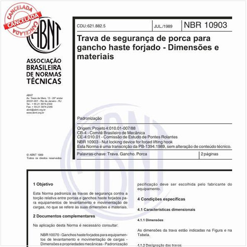 Trava de segurança de porca para gancho haste forjado - Dimensões e materiais - Padronização