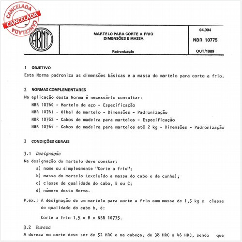 Martelo para corte a frio - Dimensões e massa
