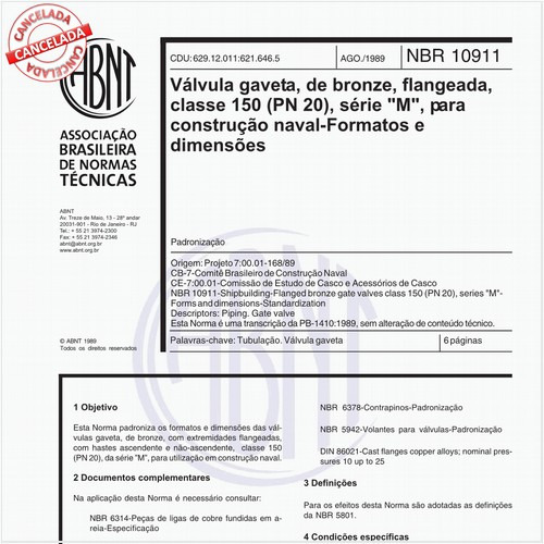 Válvula-gaveta, de bronze, flangeada, classe 150 (PN 20), série "M", para construção naval - Formatos e dimensões