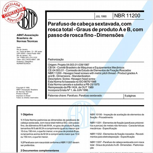 Parafuso de cabeça sextavada, com rosca total - Graus de produto A e B, com passo de rosca fino - Dimensões