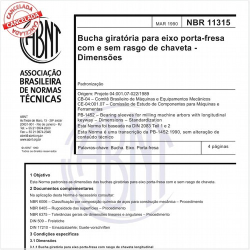 Bucha giratória para eixo porta-fresa com e sem rasgo de chaveta - Dimensões