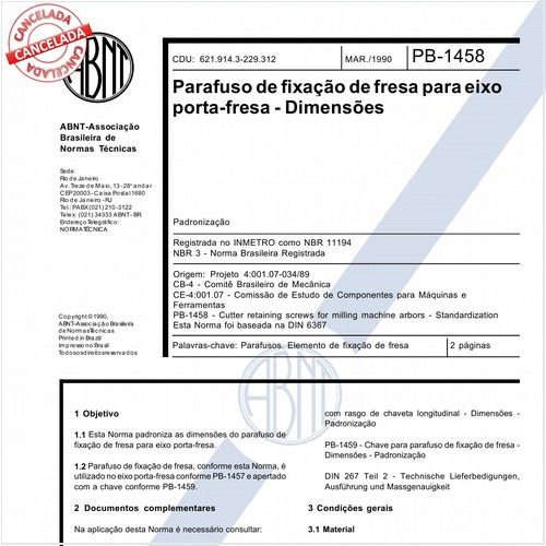 Parafuso de fixação de fresa para eixo porta-fresa - Dimensões