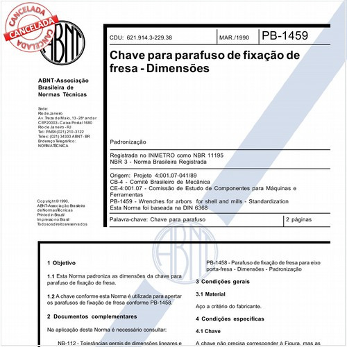 Chave para parafuso de fixação de fresa - Dimensões