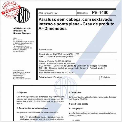 Parafuso sem cabeça, com sextavado interno e ponta plana - Grau de produto A - Dimensões