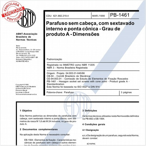 Parafuso sem cabeça, com sextavado interno e ponta cônica - Grau de produto A - Dimensões