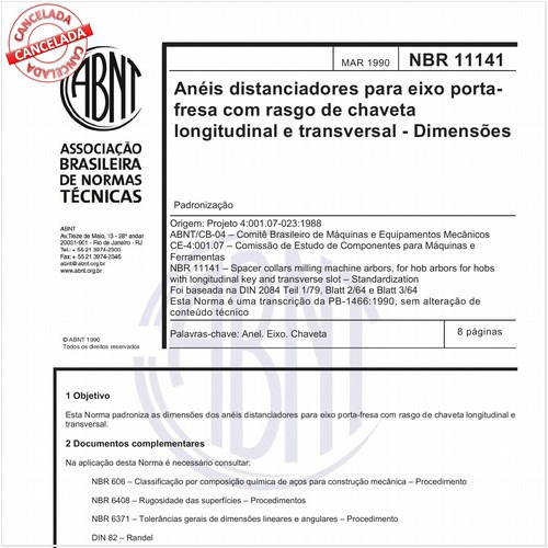 Anéis distanciadores para eixo porta-fresa com rasgo de chaveta longitudinal e transversal - Dimensões