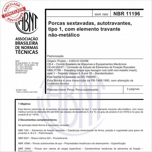 Porcas sextavadas, autotravantes, tipo 1, com elemento travante não-metálico