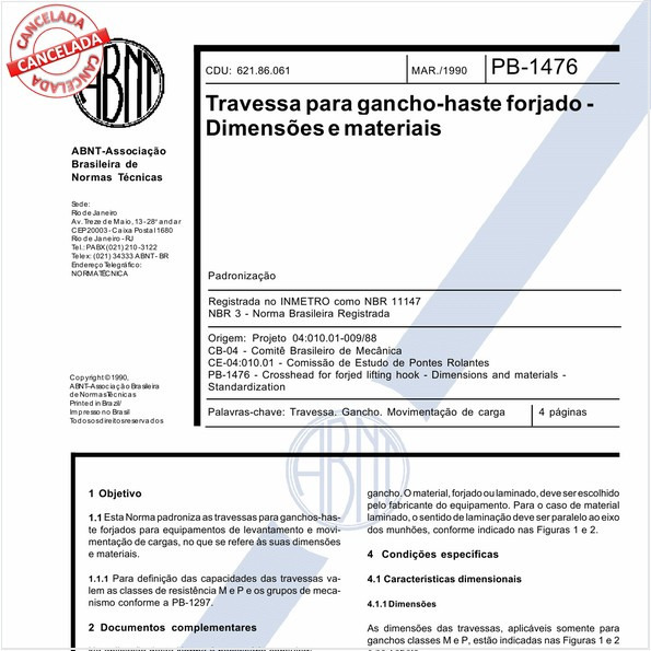 Travessa para gancho-haste forjado - Dimensões e materiais