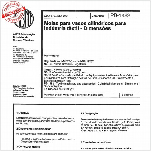 Molas para vasos cilíndricos para indústria têxtil - Dimensões