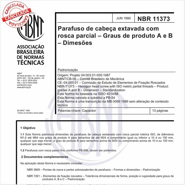Parafuso de cabeça sextavada com rosca parcial - Graus de produto A e B - Dimensões