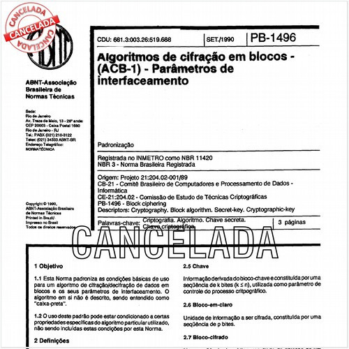 Algoritmos de cifração em blocos - (ACB-1) - Parâmetros de interfaceamento