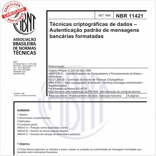 Técnicas criptográficas de dados - Autenticação padrão de mensagens bancárias formatadas