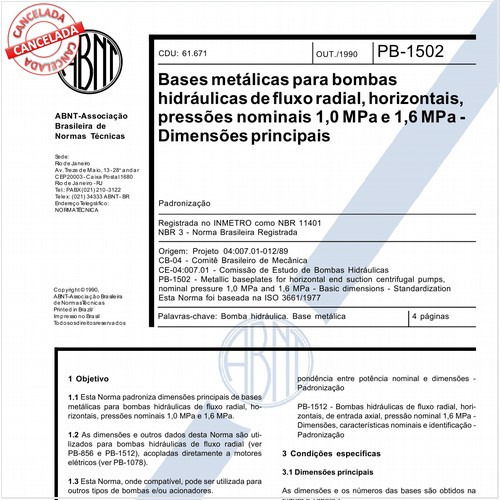 Bases metálicas para bombas hidráulicas de fluxo radial, horizontais, pressões nominais 1,0 MPa e 1,6 MPa - Dimensões principais