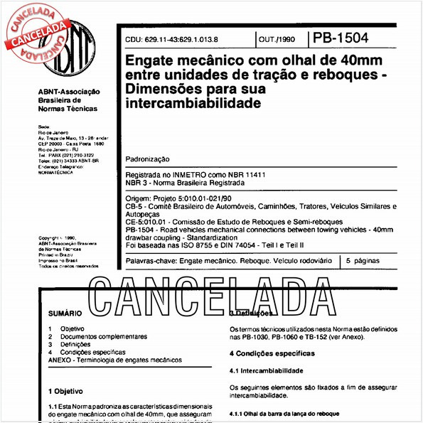 Engate mecânico com olhal de 40mm entre unidades de tração e reboques - Dimensões para sua intercambiabilidade
