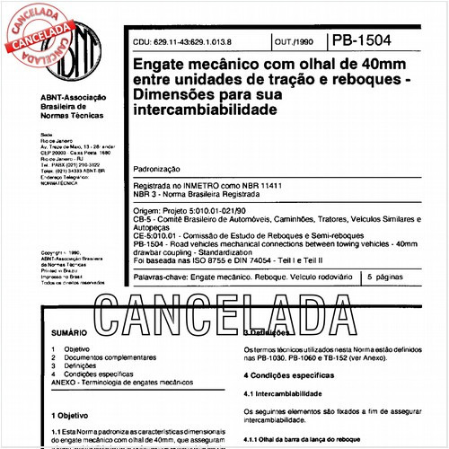 Engate mecânico com olhal de 40mm entre unidades de tração e reboques - Dimensões para sua intercambiabilidade